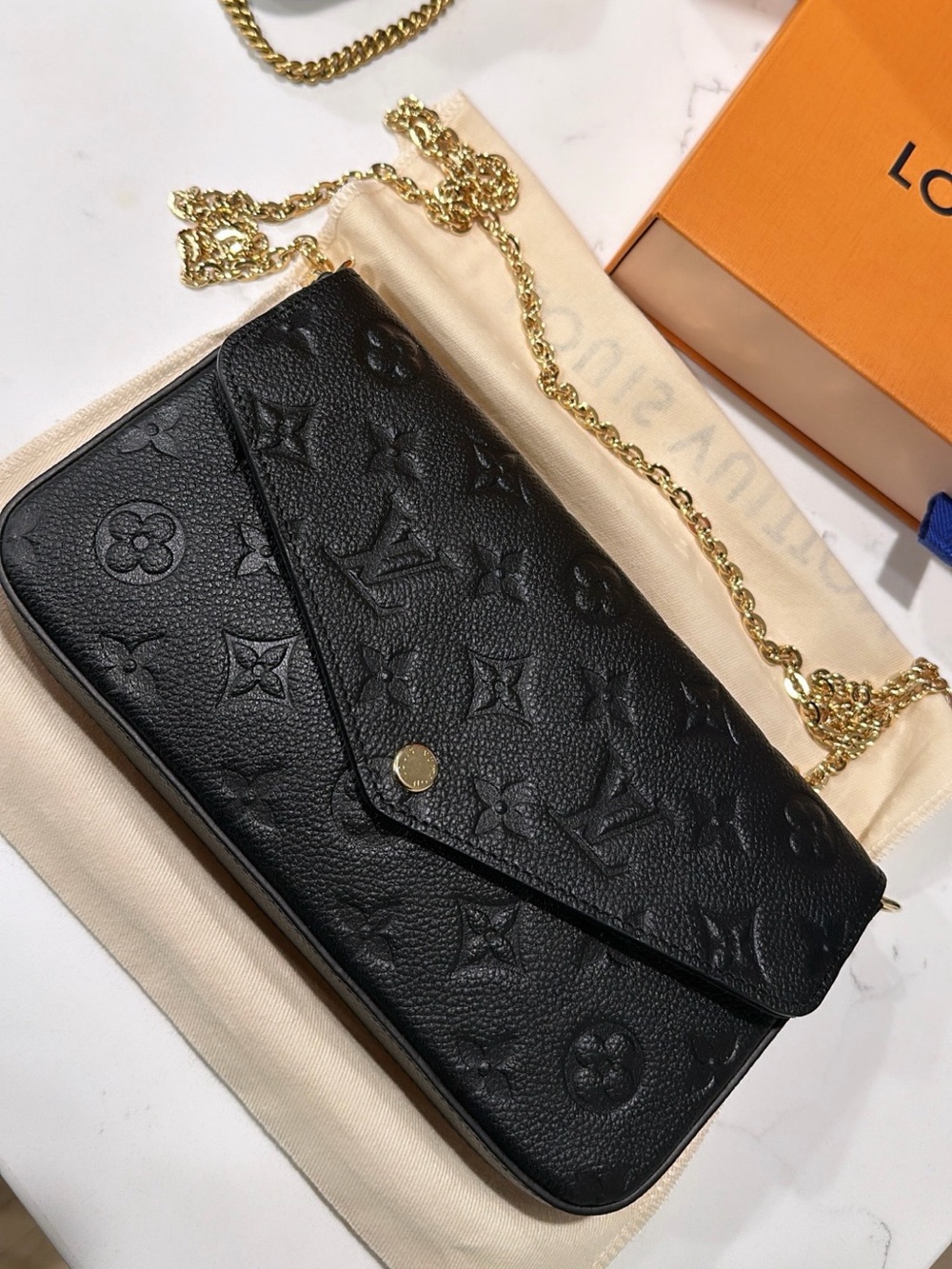 Louis Vuitton Black Monogram Embossed Leather Crossbody with Gold Chain